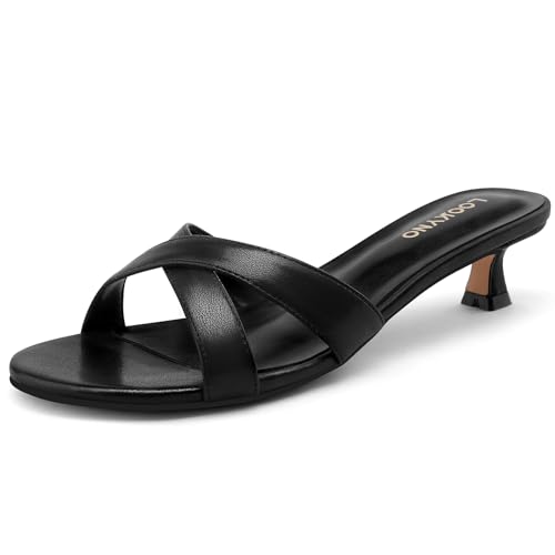 3148pWErRbL.jpg Womens Kitten Heels Low Heeled Sandals for Women Round Slip On Slides Cross Strap Open Toe Sandals