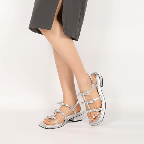 31GWKVUWF-L.jpg Womens Chunky Block Low Heel Sandals Square Toe Heels Strappy Summer Heeled Sandals Elastic Rhinestone Bow Sandals Cute Casual
