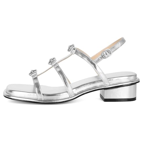 31JxIhyoRdL.jpg Womens Chunky Block Low Heel Sandals Square Toe Heels Strappy Summer Heeled Sandals Elastic Rhinestone Bow Sandals Cute Casual