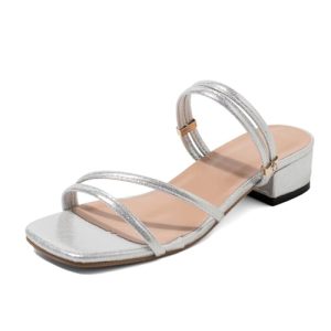 Women's Strappy Sandals Low Block Heel ?C Square Toe Off-White Minimalist Summer Sandals with Slingback Strap ?C Casual Dress
