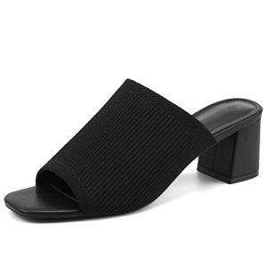 Women's Open Toe Heeled Mules Block Heels Sandals Knit Chunky Square Heels Slip On Breathable Slides Sandal