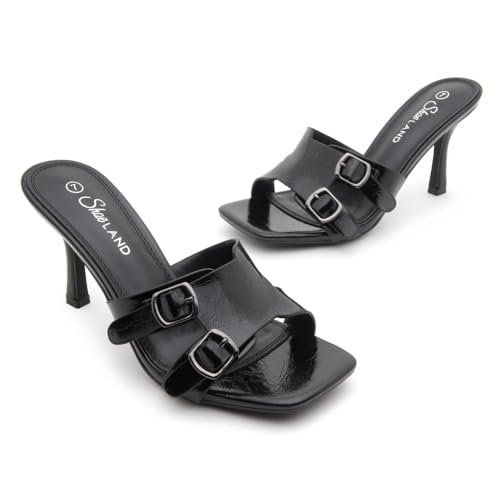 31k8ueEwf8L.jpg Melrose Women's High Heels Stiletto Heeled Slides, Square Open Toe One Band Slip-On Heeled Mules ?C Dressy Clear Heeled Sandals