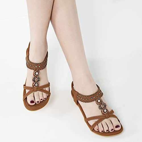 411FX1yIyaL.jpg Womens Sandals Shoes Comfort Walking with Non Slip on Casual Summer Beach Shoes Dress Ankle Elastic Jeweled Bohemian Flats