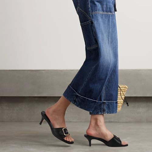 411jeM2rF4L.jpg Black Kitten Heel Sandals Stiletto Low Heels Slip On Slides Mule Sandal Square Open Toe Dress Shoes for Women