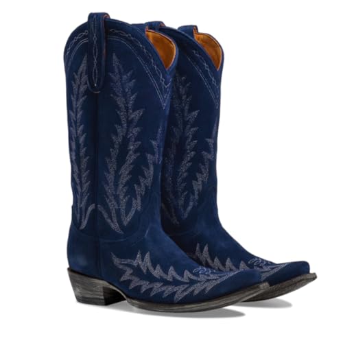 41JDMmYZ1WL.jpg Vintage Embroidered Cowboy Boots Women Mid Calf Western Boots Suede Low Chunky Stacked Heel Square-Pointy Toe Short Cowgirl