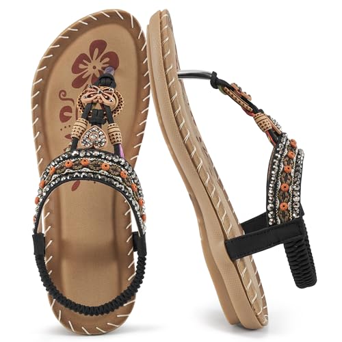 41L72HyHXHL.jpg Sandals Women Dressy Flats: Bohemian Flat Sandals for Women Comfortable Summer Casual Flip Flops Elastic Ankle Strap