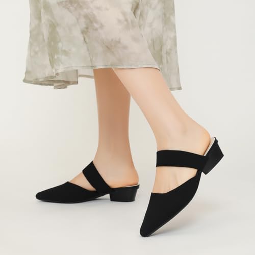 41LYF3UWxzL.jpg Pointed Toe Mules for Women Chunky Low Heeled Sandals Breathable Backless Mesh Knit Slip on Loafers