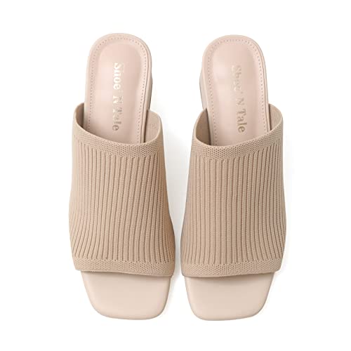 41ORp0hmXFL.jpg Knit Heeled Sandals for Women Square Open Toe Mules Block Low Heel Slip On Slides