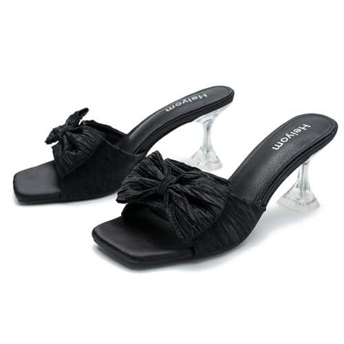 41PfoaSsahL.jpg Women's Bowknot Heeled Sandals Square Toe Pleated Bow Heels Slippers Stilettos Mules Slip on Wedding Party Dress Shoe