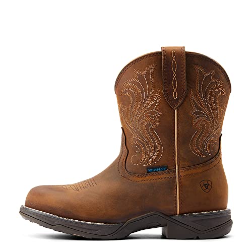41Q-qVNFM2L.jpg Womens Anthem Shortie H20 Embroidery Round Toe Pull On Casual Boots Mid Calf Low Heel 1-2" - Brown