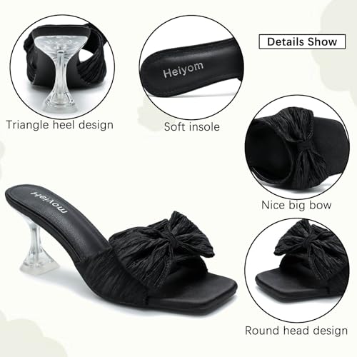 41RLL2eJ7eL.jpg Women's Bowknot Heeled Sandals Square Toe Pleated Bow Heels Slippers Stilettos Mules Slip on Wedding Party Dress Shoe