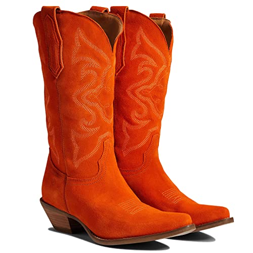 Cowboy Boots Women Embroidered Mid Calf Western Boots Stacked Low Heel Pointed Toe Pull On Cowgirl Boot 4-11 M US