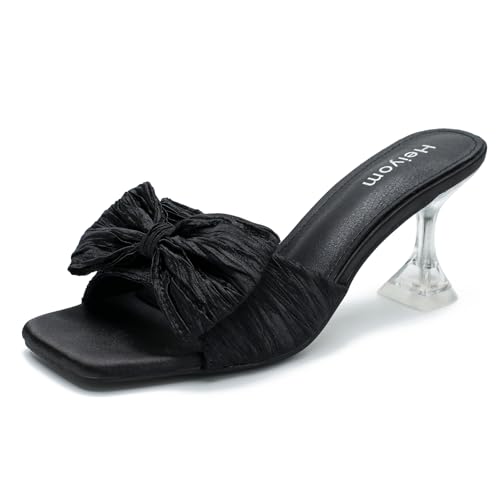 41Wfla9r6CL.jpg Women's Bowknot Heeled Sandals Square Toe Pleated Bow Heels Slippers Stilettos Mules Slip on Wedding Party Dress Shoe