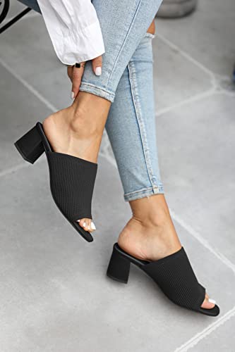 Women's Open Toe Heeled Mules Block Heels Sandals Knit Chunky Square Heels Slip On Breathable Slides Sandal