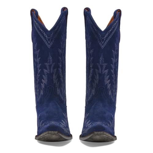 41aEPL6SPjL.jpg Vintage Embroidered Cowboy Boots Women Mid Calf Western Boots Suede Low Chunky Stacked Heel Square-Pointy Toe Short Cowgirl