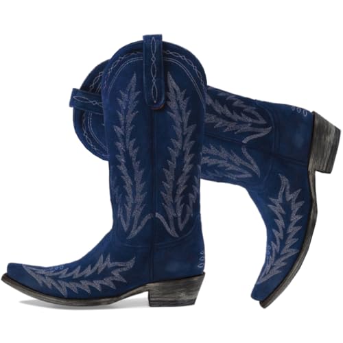 41blhjDmYKL.jpg Vintage Embroidered Cowboy Boots Women Mid Calf Western Boots Suede Low Chunky Stacked Heel Square-Pointy Toe Short Cowgirl
