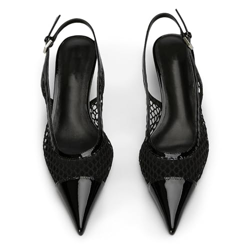 41byqhSIL.jpg Slingback Pumps for Women Mesh Kitten Heels Pointed Toe Heeled Sandals Buckle Ankle Strap Low Heeled Pumps