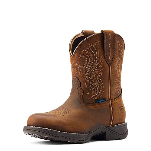 41d6PV5zRkL.jpg Womens Anthem Shortie H20 Embroidery Round Toe Pull On Casual Boots Mid Calf Low Heel 1-2" - Brown