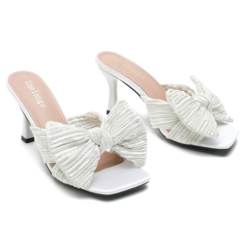 Women's Bow Knot Heeled Sandals Open Toe Low Kitten Heels Mules Sandals Slip On Pleated Wedding Bridal Party Dress Shoes