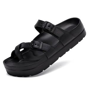 Womens Arch Support Platform Sandals Comfort Slides Thick Soles Flat Sandals With Adjustable Buckle & Ultra Cushion