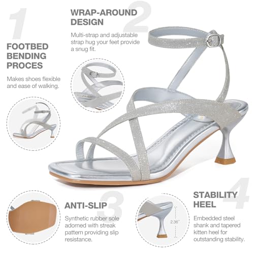 Women's Low Kitten Heels Sandals Dressy Strappy Heeled Sandals Open Square Toe Ankle Strap Summer Dress Party Shoes 2.4 Inch