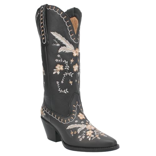 Womens Full Bloom Floral Round Toe Casual Boots Knee High Mid Heel 2-3" - Black