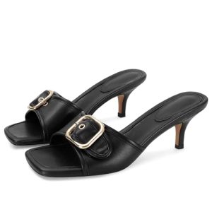Black Kitten Heel Sandals Stiletto Low Heels Slip On Slides Mule Sandal Square Open Toe Dress Shoes for Women