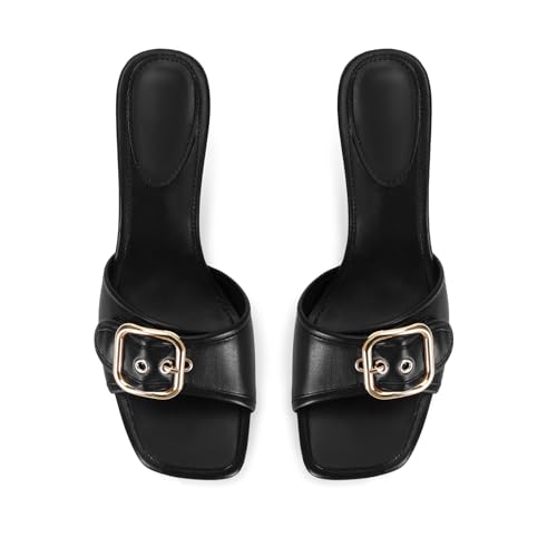 41u8MKrQWTL.jpg Black Kitten Heel Sandals Stiletto Low Heels Slip On Slides Mule Sandal Square Open Toe Dress Shoes for Women