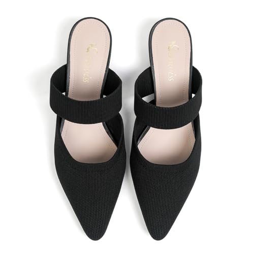 41uEsUC4iZL.jpg Pointed Toe Mules for Women Chunky Low Heeled Sandals Breathable Backless Mesh Knit Slip on Loafers