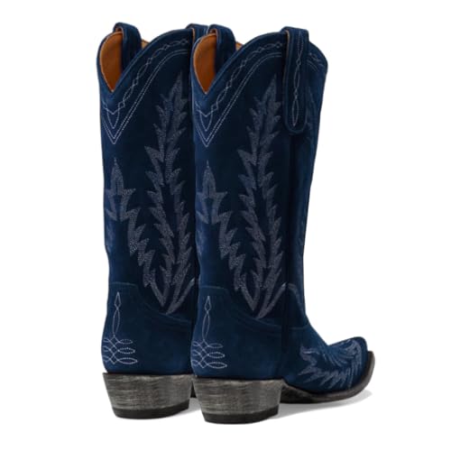 41w-FlwcPwL.jpg Vintage Embroidered Cowboy Boots Women Mid Calf Western Boots Suede Low Chunky Stacked Heel Square-Pointy Toe Short Cowgirl