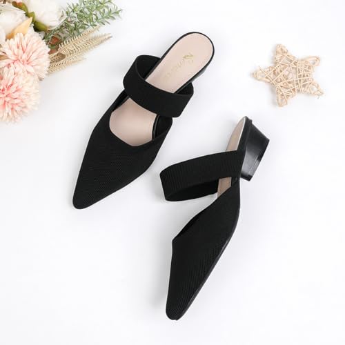 41wjNKmamaL.jpg Pointed Toe Mules for Women Chunky Low Heeled Sandals Breathable Backless Mesh Knit Slip on Loafers