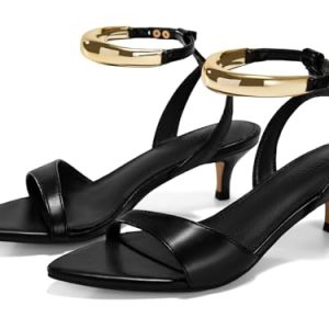 Womens Low Kitten Heels Sandals Strappy Pointed Open Toe One Strap Metal Summer Dress Shoes
