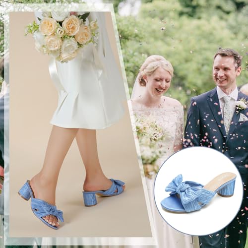 513Mcr9067L.jpg Women's Bowknot Low Chunky Heels Mules Sandals Slip on Pleated Bow Heels Wedding Bridal Party Dress Shoes