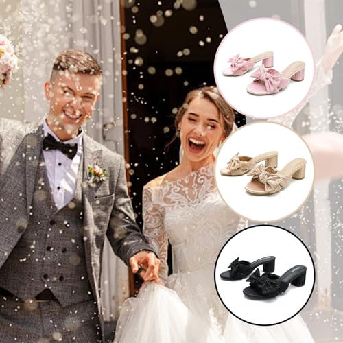 51XGKxlAQrL.jpg Women's Bowknot Low Chunky Heels Mules Sandals Slip on Pleated Bow Heels Wedding Bridal Party Dress Shoes