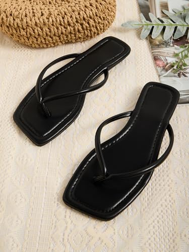 51b3AZbZSbL.jpg Women's Square Open Toe Flip Flop Minimalist Thong Flat Sandals Slide On Summer Vacation 2025 Dressy Shoes