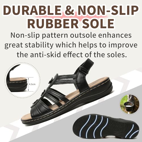 Womens Sandals Flats Comfort Leather Walking Orthopedic Sandals Casual Summer Shoes with Arch Support for Dressy Beach Hiking