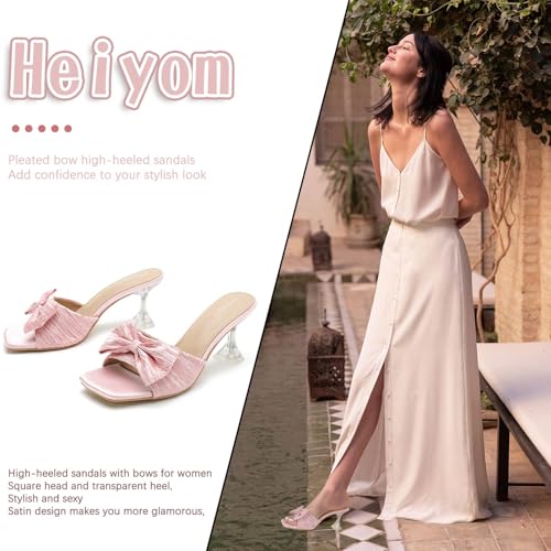 51srzQa244L.jpg Women's Bowknot Heeled Sandals Square Toe Pleated Bow Heels Slippers Stilettos Mules Slip on Wedding Party Dress Shoe